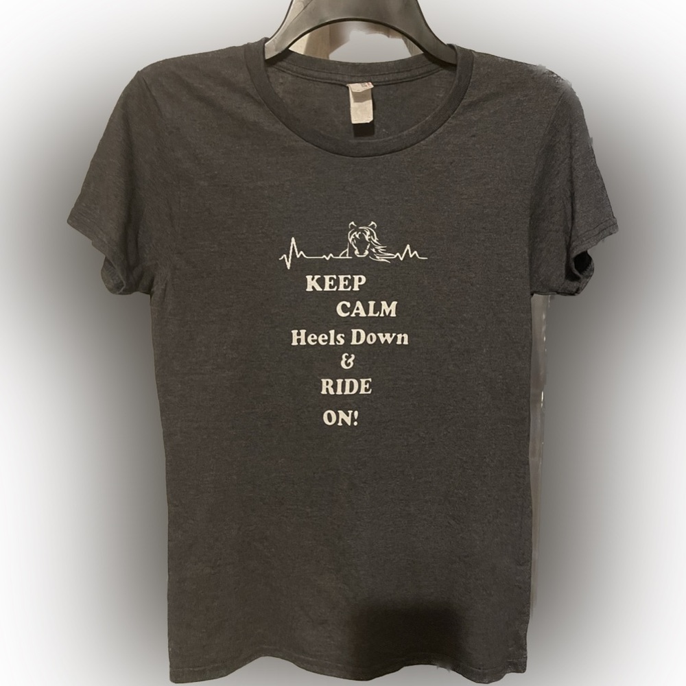 KEEP CALM, Heels Down & RIDE ON cowgirl horse lover short sleeve T-shirt Size S